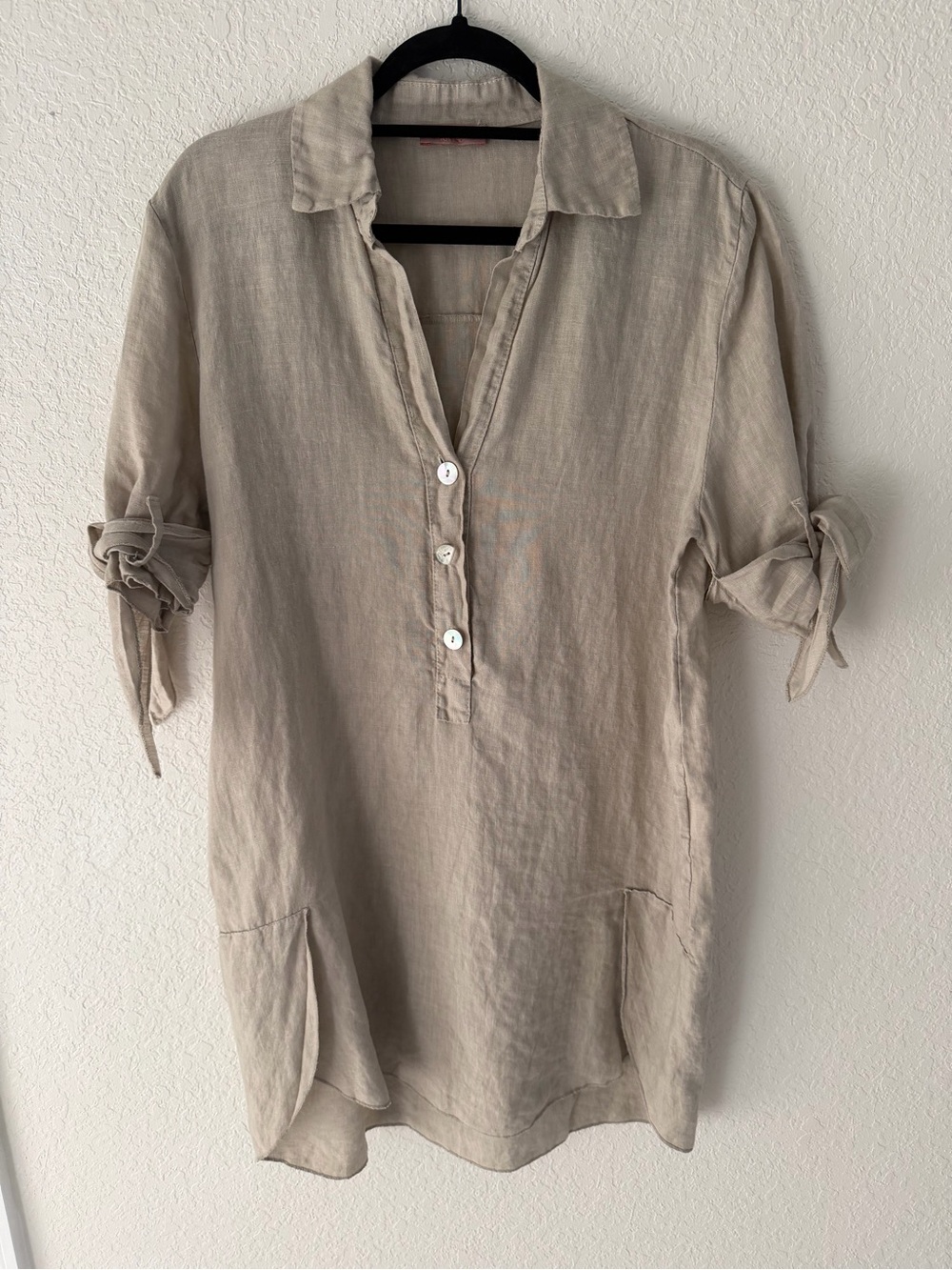 Scandal Made in Italy 100% Linen Tunic Mini Shirt Dress Beige M